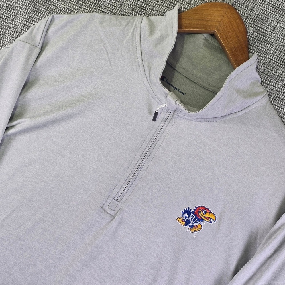 Kansas Jayhawks KU Quarter Zip Pullover Mens XL Gray Sporty Collegiate Champion